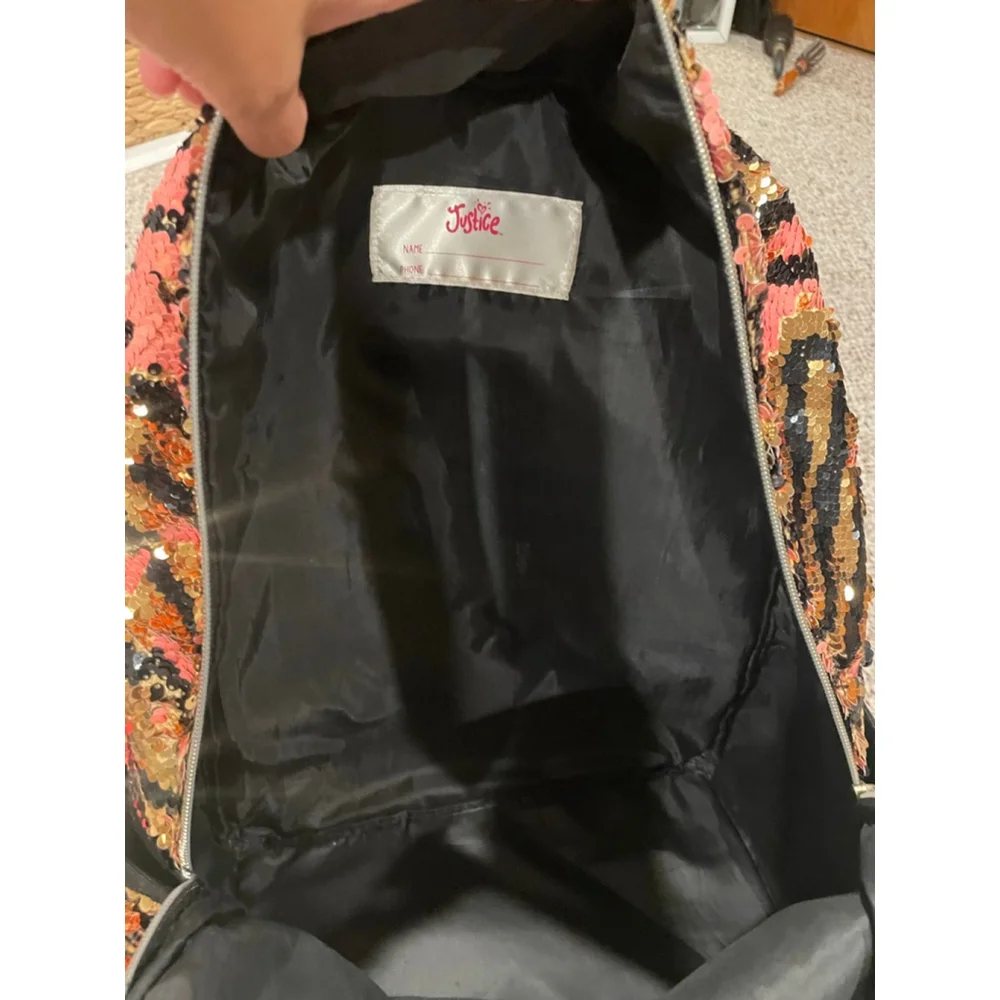 Girls' Backpack-Justice Pink Black Gold Flip-Sequin Zebra (Back to School)